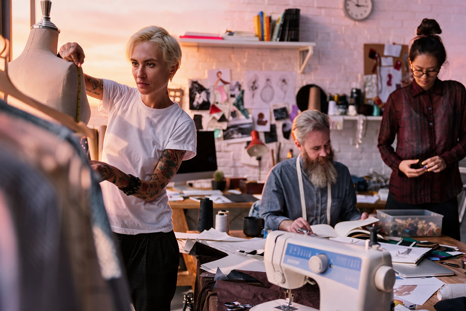 Fashion designer in a workshop holds fabric while others work at sewing machines and craft supplies.